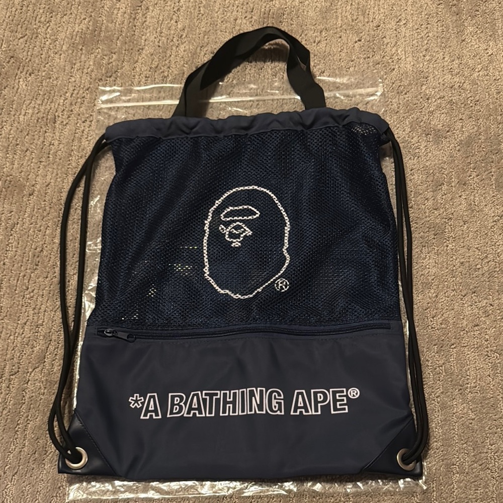 Bape Navy Blue Mesh Ape Head Drawstring Backpack